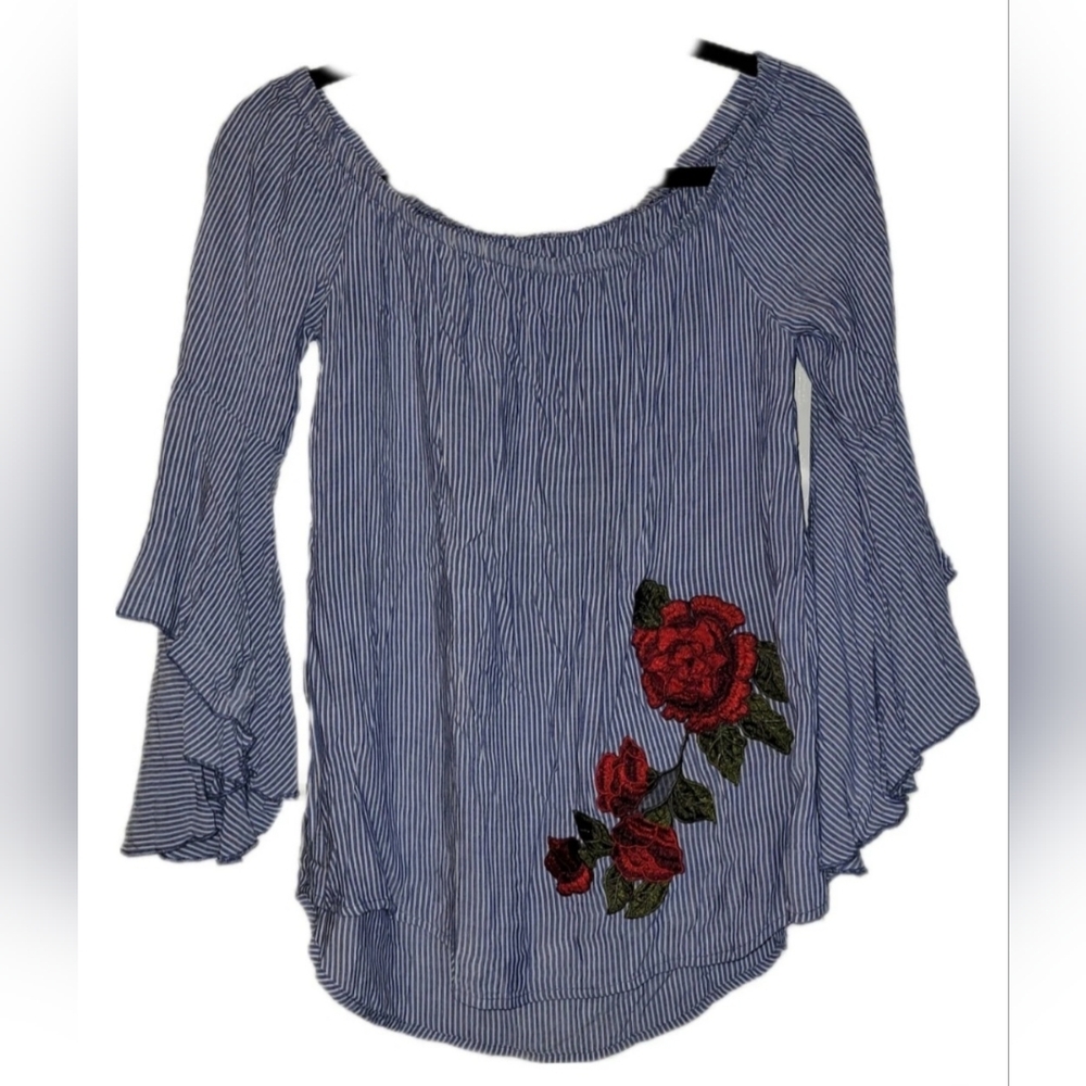 Oddy Romantic Blue Striped Off-Shoulder Top Floral Embroidery Small Lightweight